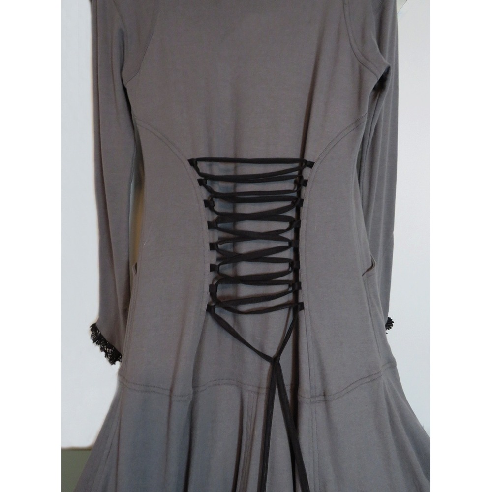 Gothic Style Gray / Black Trim Midi Corst Style Coat Removable Hood Pockets XS - Picture 12 of 16
